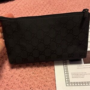 Authentic Gucci GG Black Canvas/Leather, Monogram Cosmetic Pouch With COA